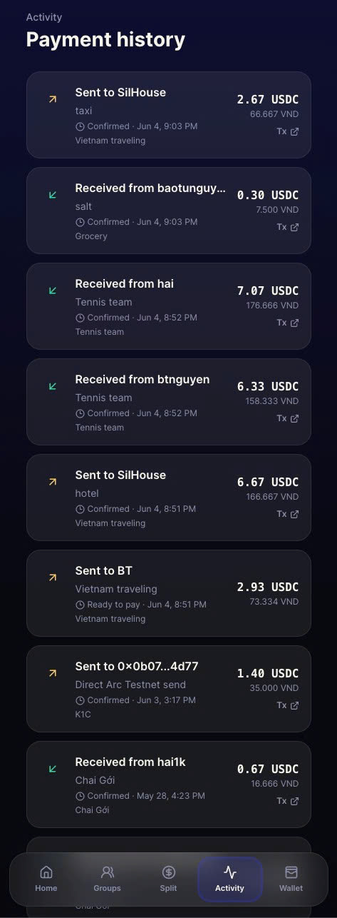 Payment history screen