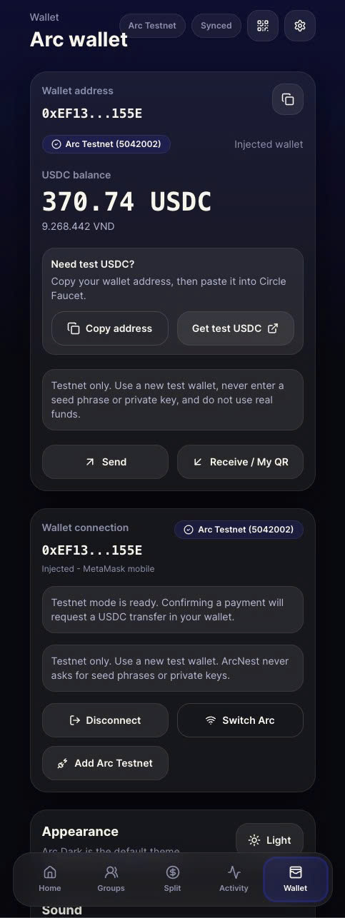 Arc wallet screen